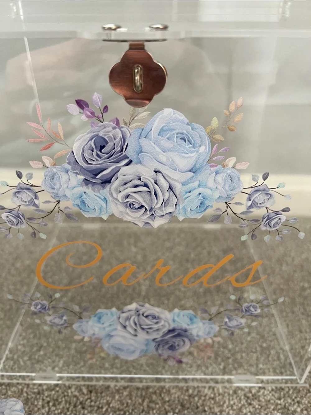 Acrylic Blue Floral Clear Card Box with Lock for Wedding, Graduation, Showers